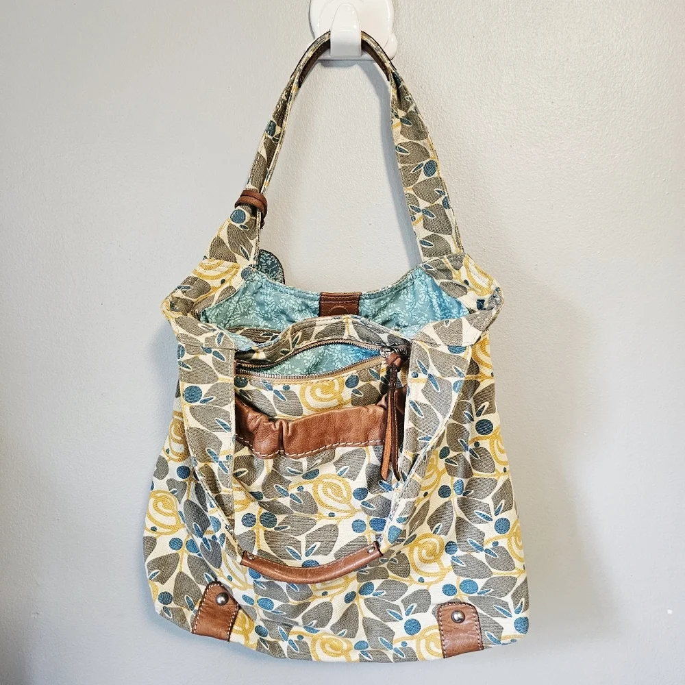 Fossil canvas Floral Patterned Tote Bag with Yellow and Blue Accents - Picture 9 of 11